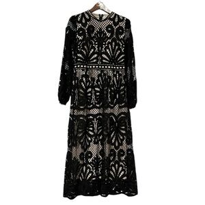 Polagram Black Tailored Midi Dress with Lace overlay and Long Bishop Sleeve L